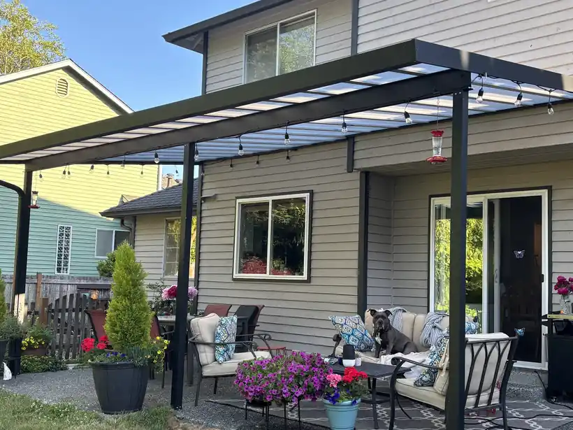 Dark patio cover with string lights over a furnished patio